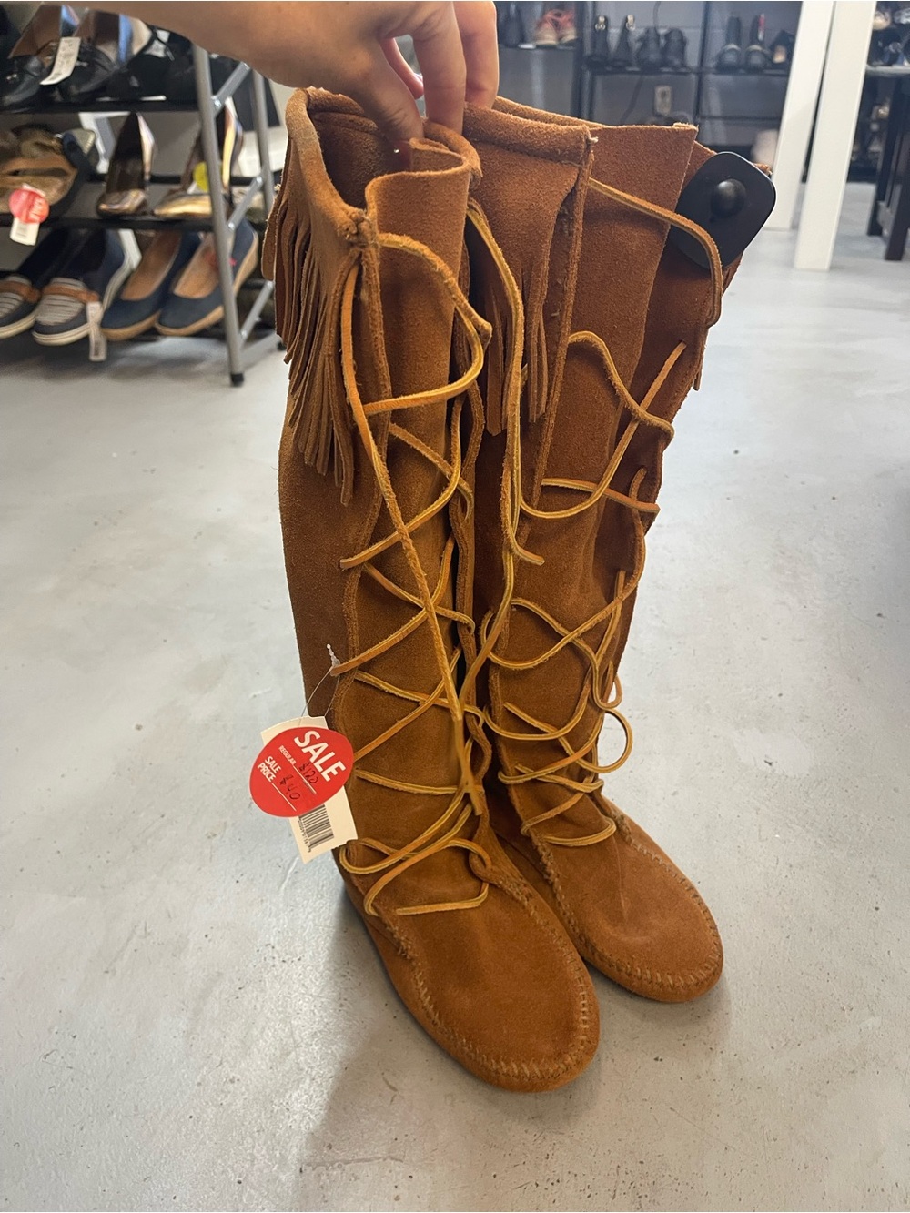 Minnetonka Brown Suede Lace-Up Fringe Knee-High Boots